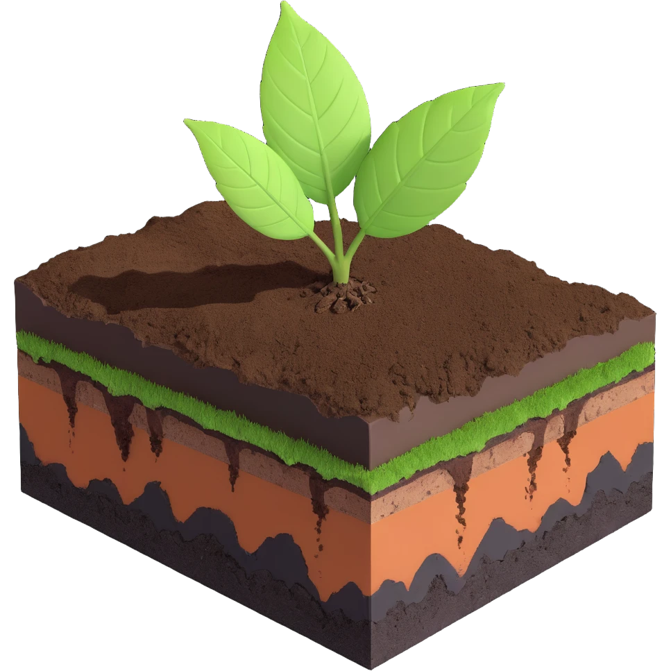 A fresh green leaf resting on the surface of a cross-section of the Earth, where soil and underground layers are visible beneath. Natural lighting, realistic textures. emoji
