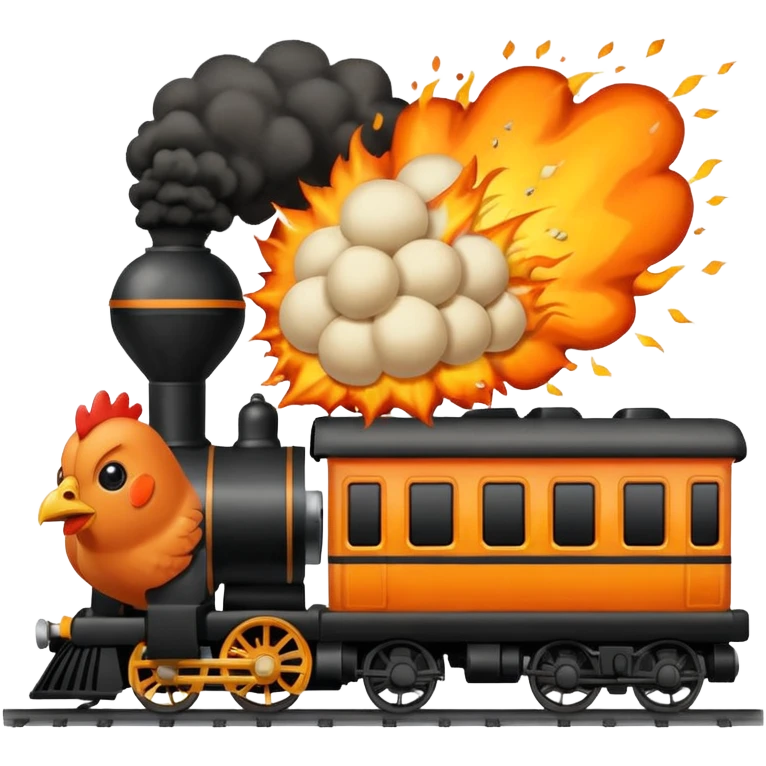 Chicken eating a train while exploding emoji