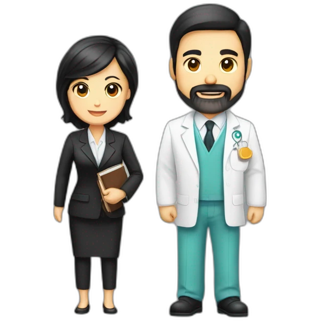husband middle-aged dark hair trimmed beard wearing dark business suit holding bible, wife asian middle-aged black long hair wearing nurse uniform, no children emoji