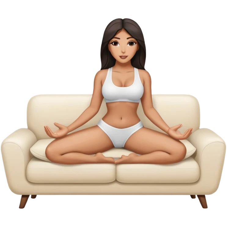 hypereal fullbody kim kardashian in undies lying on couch comfy in yoga pose missionary holding her legs up with hands sfw emoji