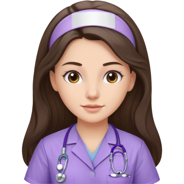 pretty brunette nurse with long hair in lilac scrubs emoji