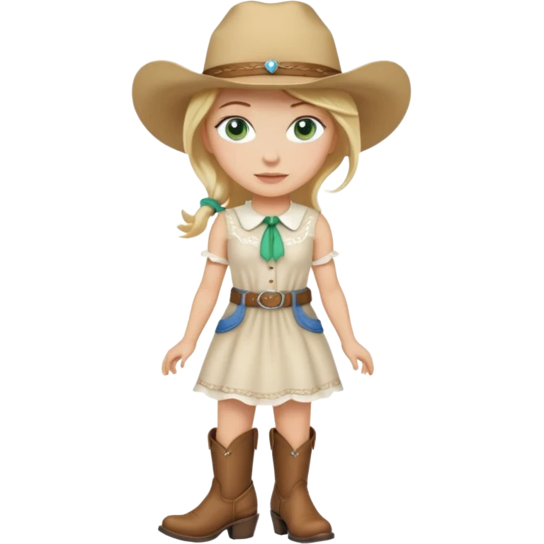cowgirl bionda con occhi verdi/azzurri con un vestito bianco stivali e cappello beige emoji
