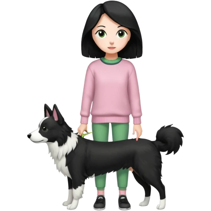 full body girl with side parted long black hair, wearing a light pink and green sweater, carrying a black and white border collie with perked ears emoji