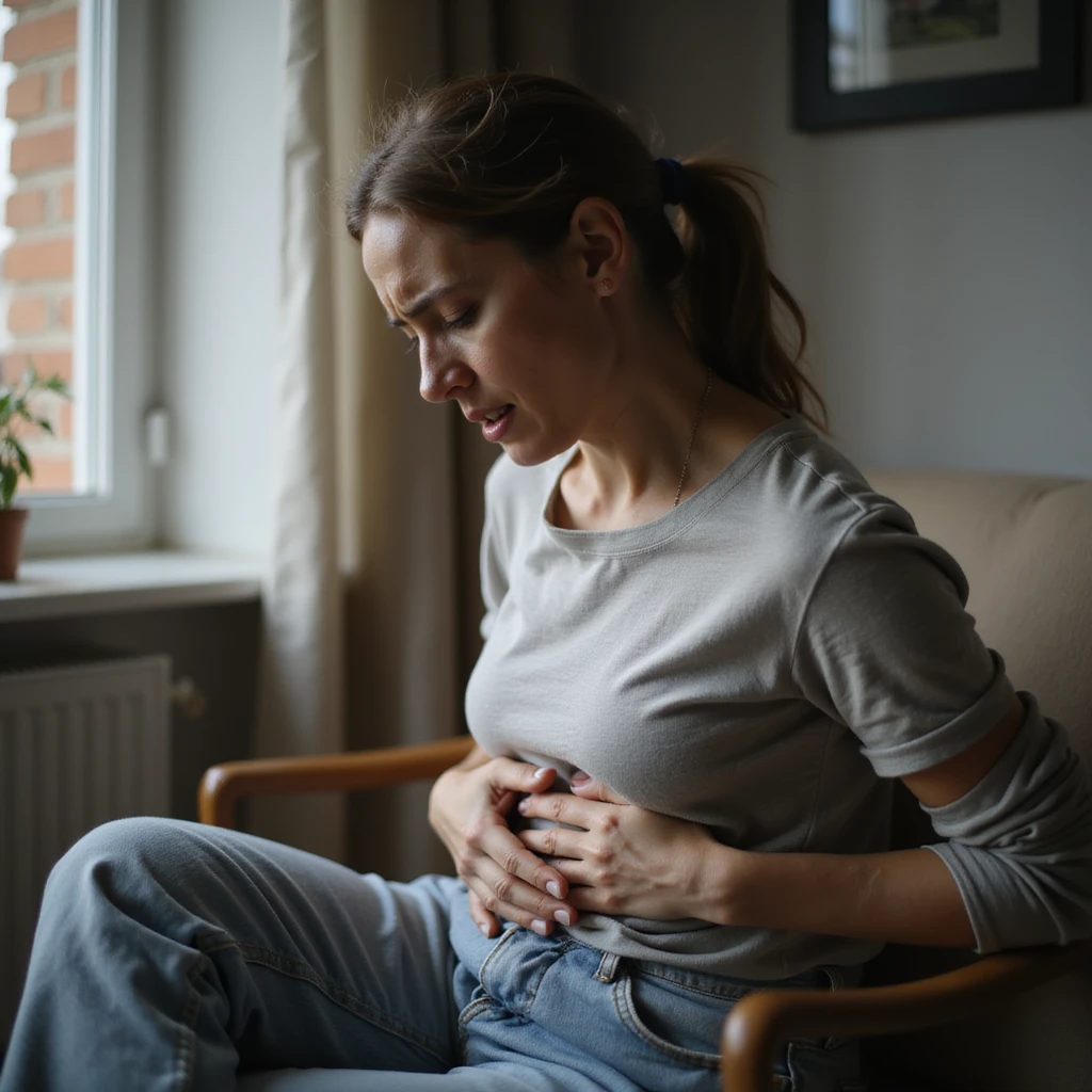 hyperrealistic woman sitting with painful expression, one hand on abdomen, face contracted in pain, curved posture, realistic details, 4K quality, domestic environment emoji