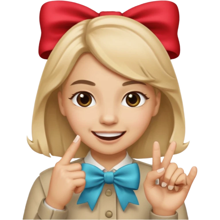 Cara sonriendo con un lazo y una mano mordiendose un dedo emoji