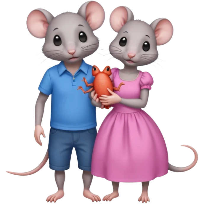 A male rat wearing blue and carrying in his arms a female rat wearing pink with small crabs on the floor around them emoji