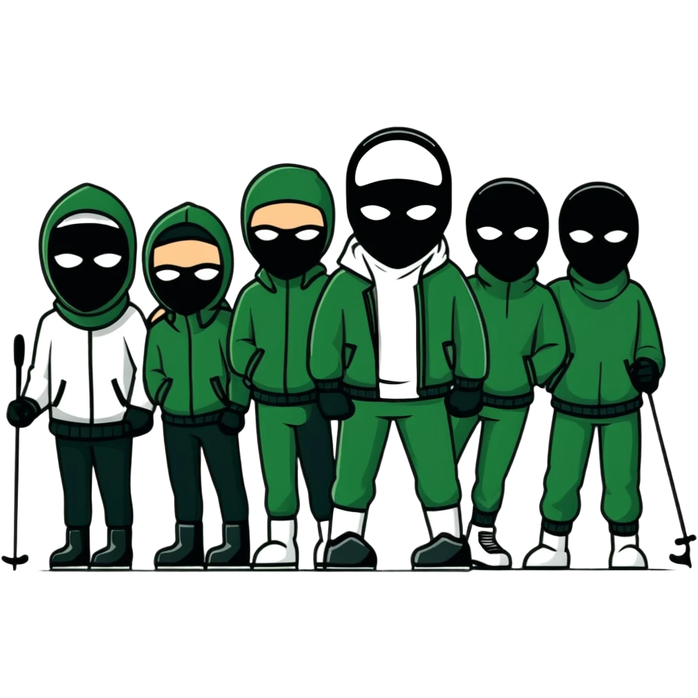 group of men posing together, some wearing black ski masks emoji