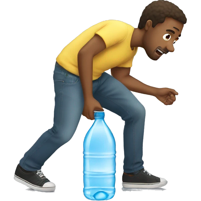 man grabbing a bottle of water from the floor emoji