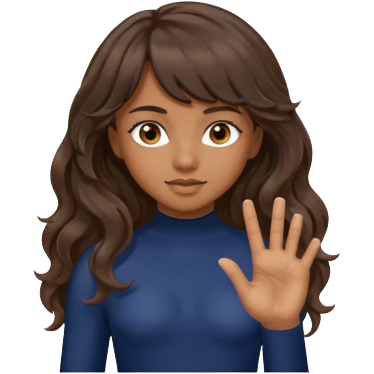 Uzun kahverengi dalgalı saçlı kahverengi gözlü esmer perçemli üzerinde lacivert parmak detaylı body olan bir kız yap emoji