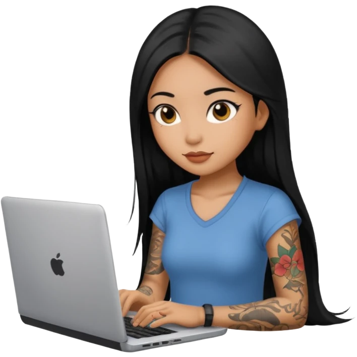 beautiful brown girl, with tattoo, with the long black hair, straight hair, chinese, with laptop emoji