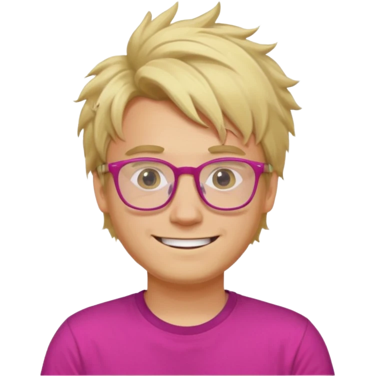 A blond guy with messy hair is smiling. He wear glasses and a fushia T-shirt emoji