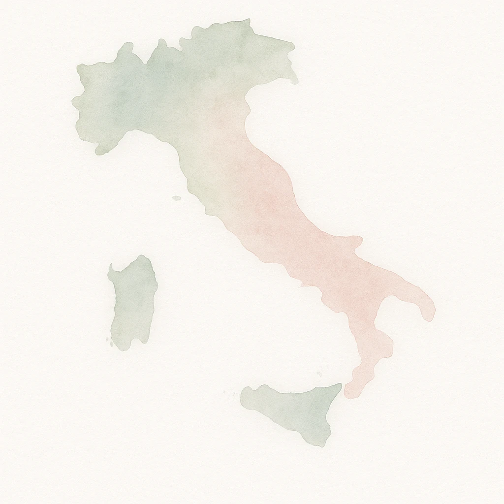 Map of Italy in watercolor style with white, green, and pink pastel tones. emoji