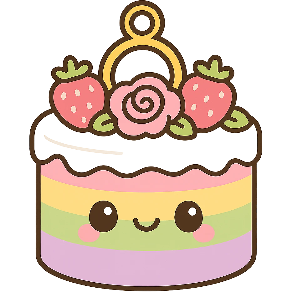 rainbow wedding cake with strawberries, pink roses, gold ring topper, kawaii style emoji