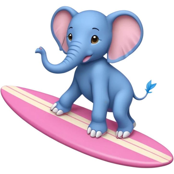 A blue elephant riding a pink surfboard wearing Nike sneakers emoji