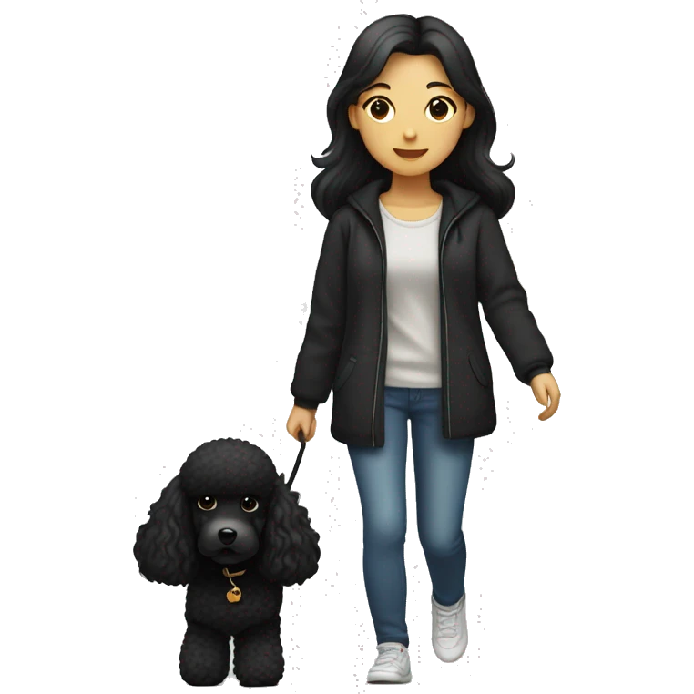 One Korean girl with black long straight hair with one medium black poodle is walking. emoji