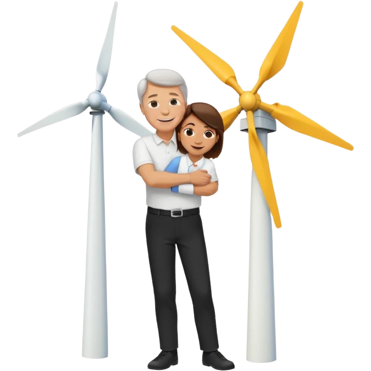 an older white man with brown hair and a white shirt and black pants hugging a wind turbine emoji