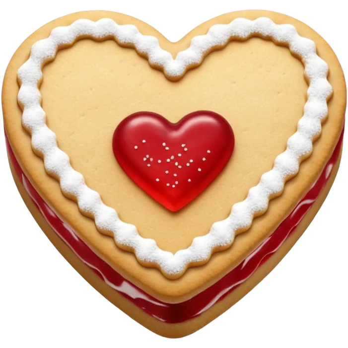 Realistic shortbread cookie in the shape of a heart with red jelly middle filling and sprinkled powder sugar on top. emoji