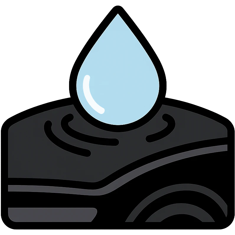 light blue or silver water droplet sliding on glossy black mirror-like paint of a high-end vehicle, main color glossy black, subtle repellent effect with water lines moving away, modern and clean icon emoji