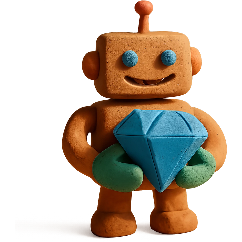 smiling robot holding a large blue diamond emoji