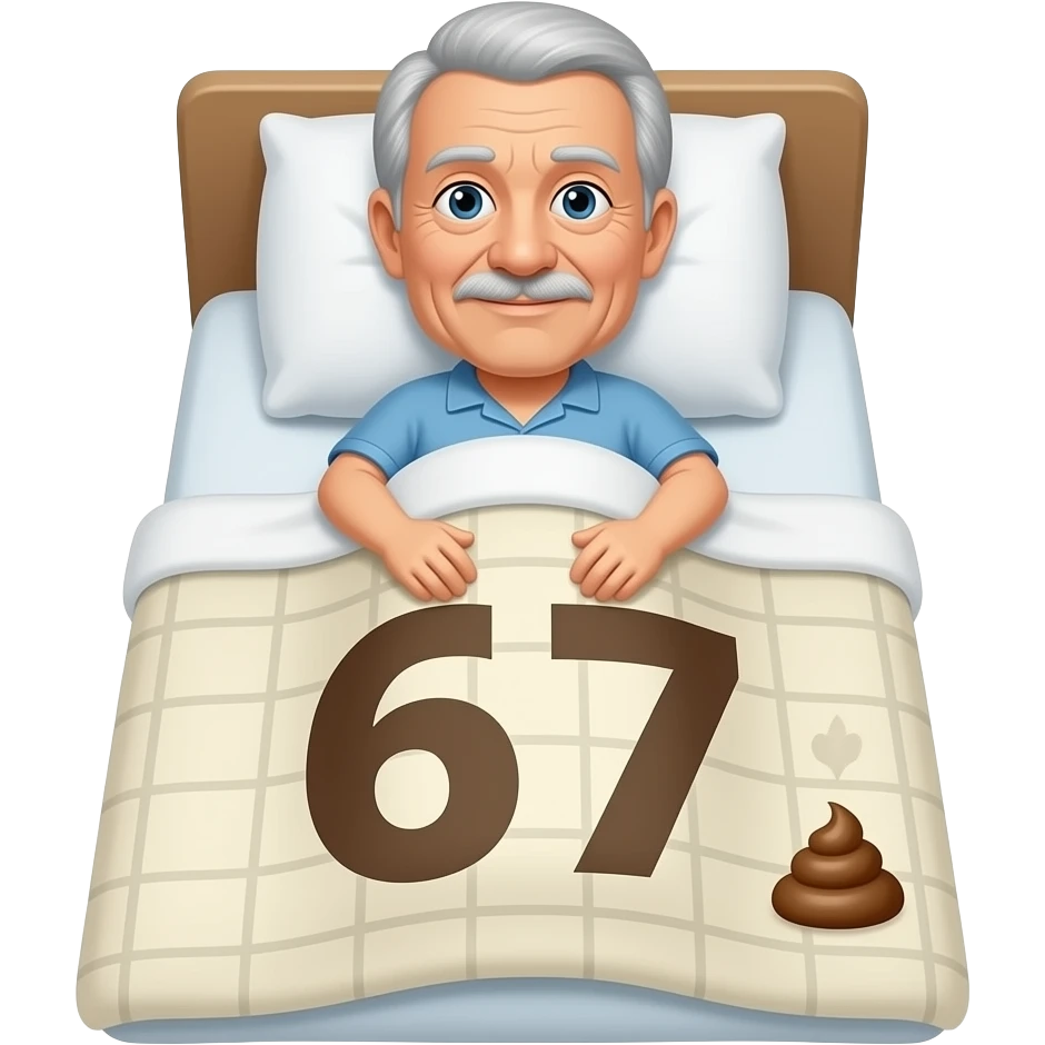 A 67 that has blankets on their bed with poop and fart and a blanket has 67 on it emoji