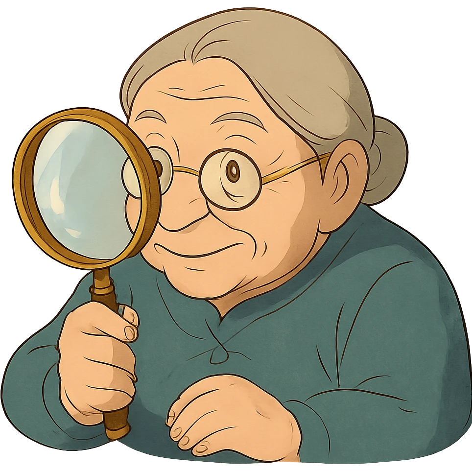 grandmother with glasses peering through a magnifying glass in ghibli style emoji