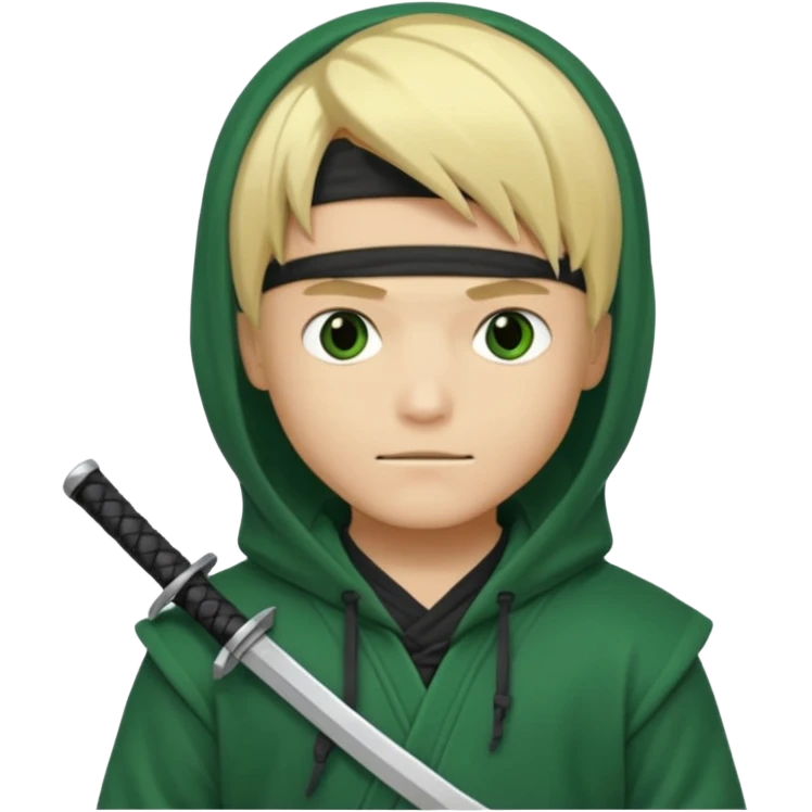 Green ninja Lloyd garmadon blonde hair, kaptur hoody on his head but blonde grzywka visible; the bottom left one is best (the one without miecze + black band + no mask of face) but add miecz; I want no band on head ; I don’t want any band on forehead emoji
