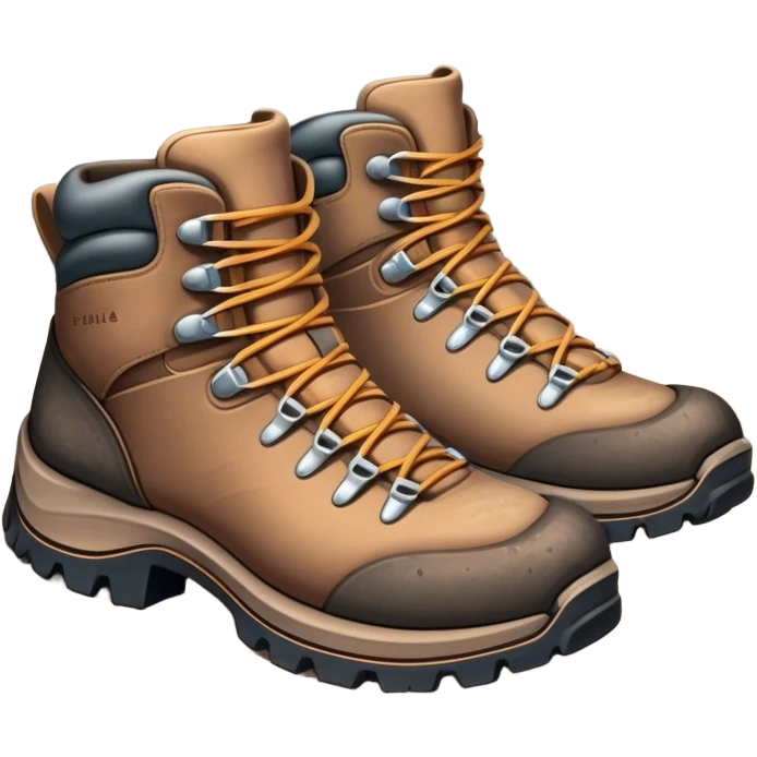 Cinematic Realistic Hiking Boots, well-worn leather boots resting on a rocky trail, scuffed edges and dirt-speckled laces adding character, glowing softly under the dappled sunlight filtering through the trees. emoji