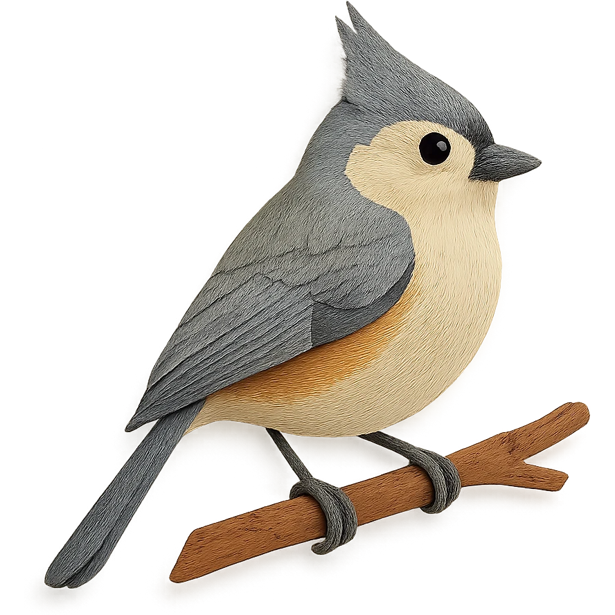 close-up of a tufted titmouse perched on a tree branch, fine paper edges, soft feather patterns, expressive crest emoji