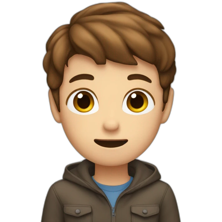 A boy with Brown hair saying “STOP” with his hands  emoji