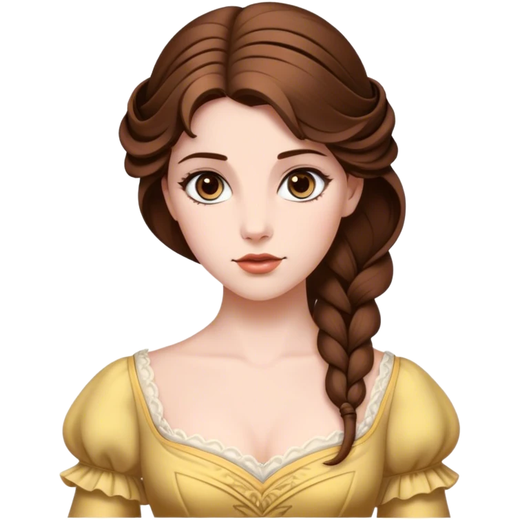 Cinematic Realistic Belle Portrait, depicted with lifelike skin texture, soft natural lighting, and intricately detailed brown hair styled elegantly. Her deep, expressive eyes exude warmth and intelligence, complemented by a serene and graceful expression. She is dressed in her classic attire, with rich fabric textures and delicate folds that catch the light beautifully. The portrait features a soft, enchanting glow with a natural, radiant finish, capturing the essence of timeless beauty in a realistic and painterly style, evoking a sense of depth and authenticity. emoji