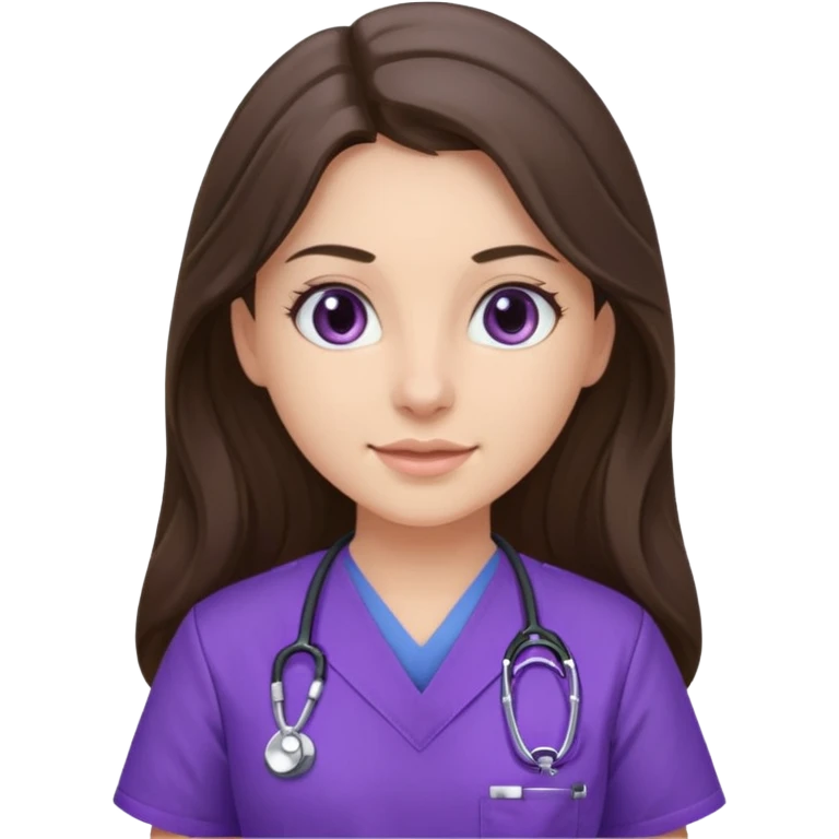 pretty brunette nurse with long hair in purple scrubs emoji