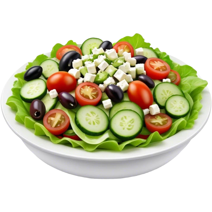 Cinematic Realistic Greek Salad Dish Emoji, depicted with crisp lettuce, tomatoes, cucumbers, olives, and feta cheese rendered with vibrant textures and fresh, natural lighting. emoji