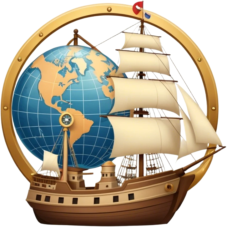 Icon for Historical Movies: Age of Great Geographical Discoveries. A vintage movie poster-style design with a sailing ship, a compass, and a globe. Include explorers with maps, sea waves, and distant lands in the background. Retro cinematic style. Transparent background. emoji