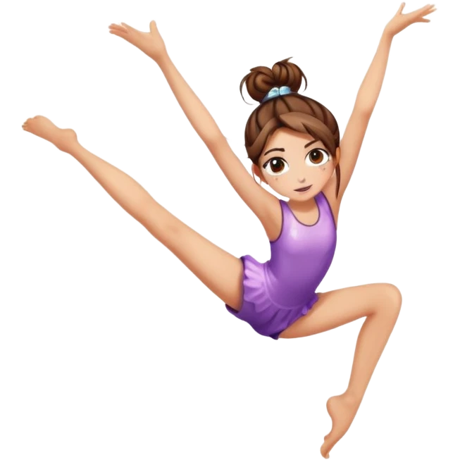girl with long brown hair with messy bun, chaotic sparkle eyes cartwheel emoji