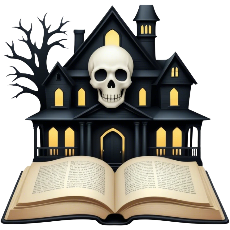 Icon for Horror and Mystery Reading: an open book with eerie, dark pages, a haunted house silhouette, a ghostly figure, and a skull. The icon should capture the suspense, fear, and mystery of horror and supernatural stories. Transparent background. emoji