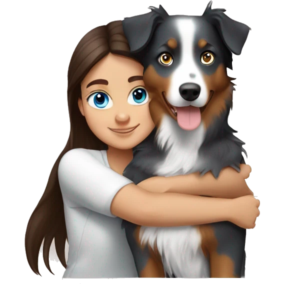 Brunette blue blue-eyed girl hugging Tricolored Australian Shepherd emoji