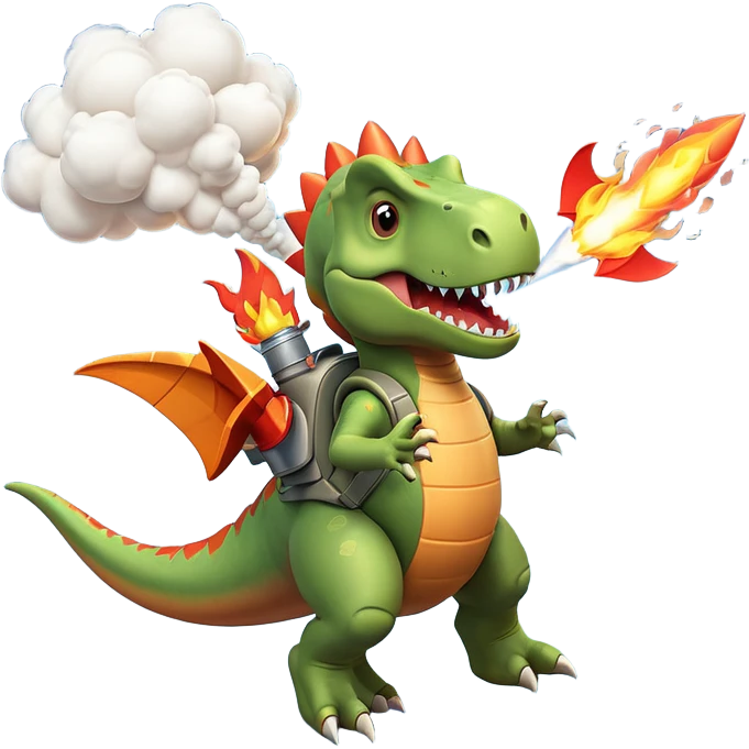 rocket-propelled dinosaur character, cute T-rex, rocket pack on its back, flames and smoke trail, dynamic flying pose, 3D cartoon, mobile game icon style, clean background, no text, no watermark
 emoji