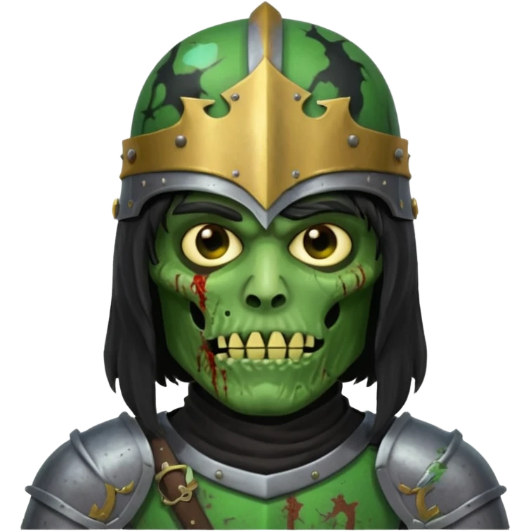 a male with long black rough hair wearing a knight helmet with green zombie skin emoji