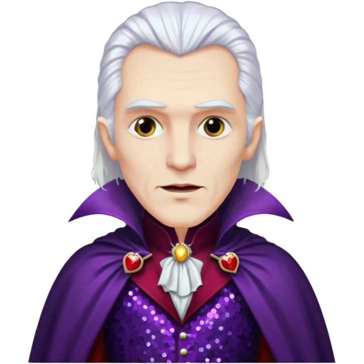 Dracula with long white hair, dark purple sequin suit, dark red sequin cape emoji