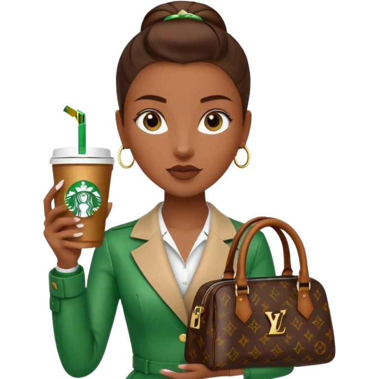 A girl with brown skin and a slick back hair and a luois vittion purse and Starbucks in hand emoji