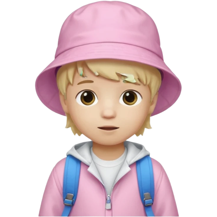 A little boy student white skin, blonde hair, with pink bucket hat, white jacket, blue backpack emoji