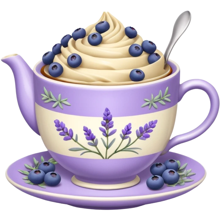 A lavender fancy tea party cup with lavender tea with blueberries  emoji