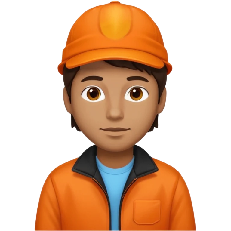 Kindly Keyin (male) with dark brown hair, orange cap and shirt, black jacket emoji