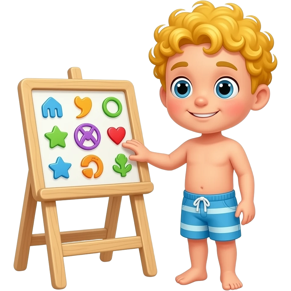 Touch and learn activity desk my body yellow curly hair boy with swim shorts emoji