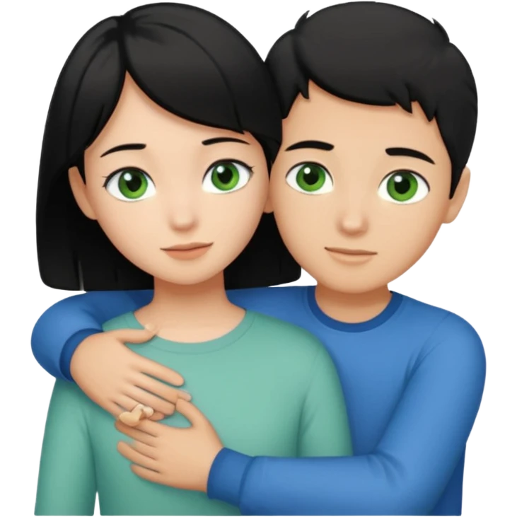 Make a couple hugging the girl is white with black hair with blue eyes hugging a boy with lightbrwn short hair with green eyes  emoji