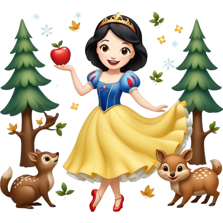Cinematic Playful Snow White Portrait Emoji, Laughing while dancing with woodland animals, dress twirling gracefully, a whimsical sparkle in her eye, radiating charm and pure delight! emoji