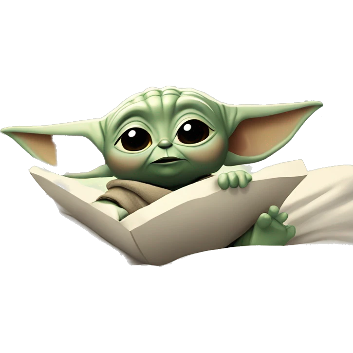 baby yoda is slipping in bed. Around him are flying letters ZZZZ emoji