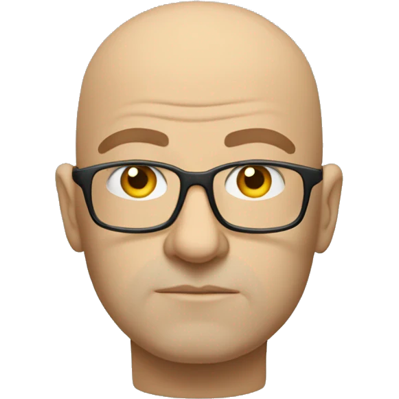 Create an image of a bald philosopher with glasses, looking thoughtful and serious, wearing a plain T-shirt.  emoji