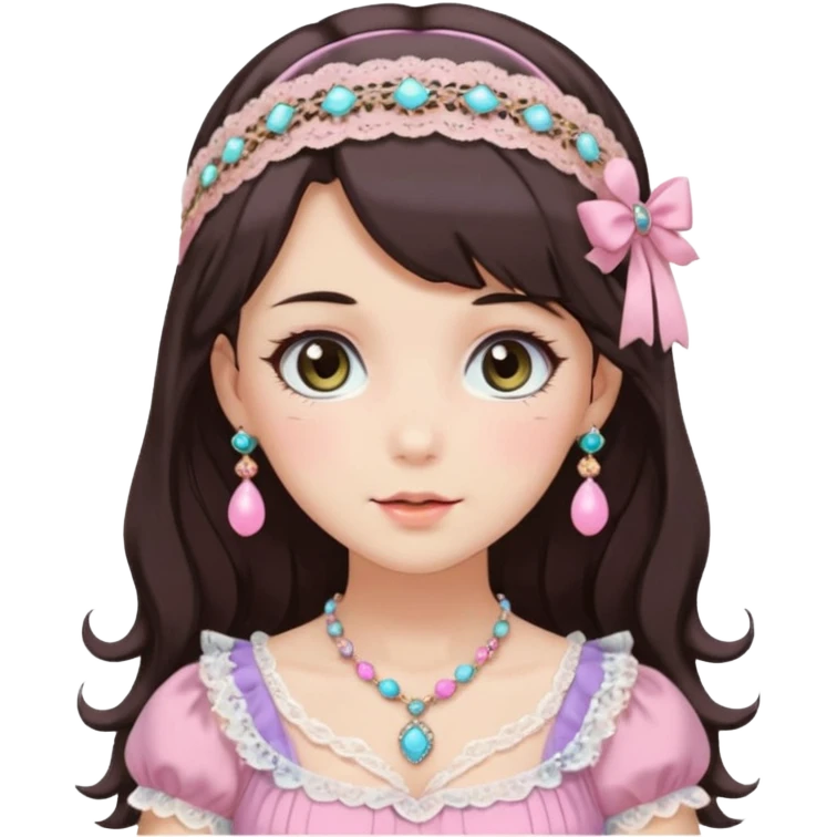 Gorgeous spectacular epic realistic mature anime-styled smooth soft shiny romantic pastel anime style adult lady with blushing cheeks, with a lace-maiden-headband, long beautiful luscious stylish hair, big pretty eyes, dark-brown hair, colorful pastel Lolita dress, necklaces, jewels emoji