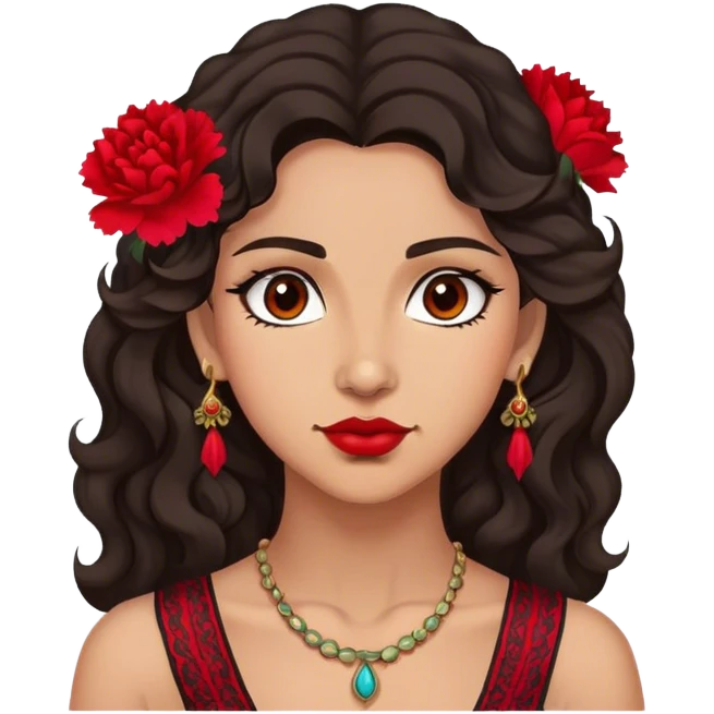 A Gypsy-origin woman with dark wavy hair, a single red carnation behind one ear, and a confident gaz emoji